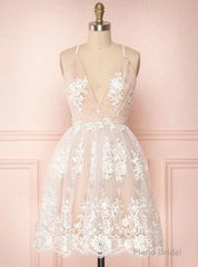 Champagne Tulle Lace Spaghetti Straps Homecoming Dress