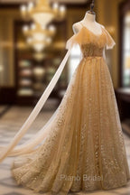 Champagne Tulle Lace V-neckline Beaded Unique Floor Length Party Dresses, New Formal Prom Dresses Evening Dresses