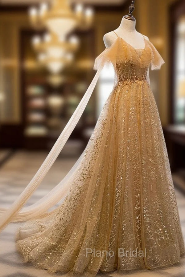 Champagne Tulle Lace V-neckline Beaded Unique Floor Length Party Dresses, New Formal Prom Dresses Evening Dresses