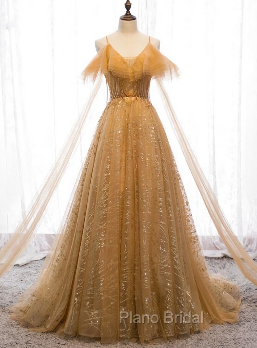 Champagne Tulle Lace V-neckline Beaded Unique Floor Length Party Dresses, New Formal Prom Dresses Evening Dresses Main image