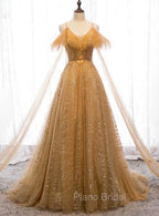 Champagne Tulle Lace V-neckline Beaded Unique Floor Length Party Dresses, New Formal Prom Dresses Evening Dresses