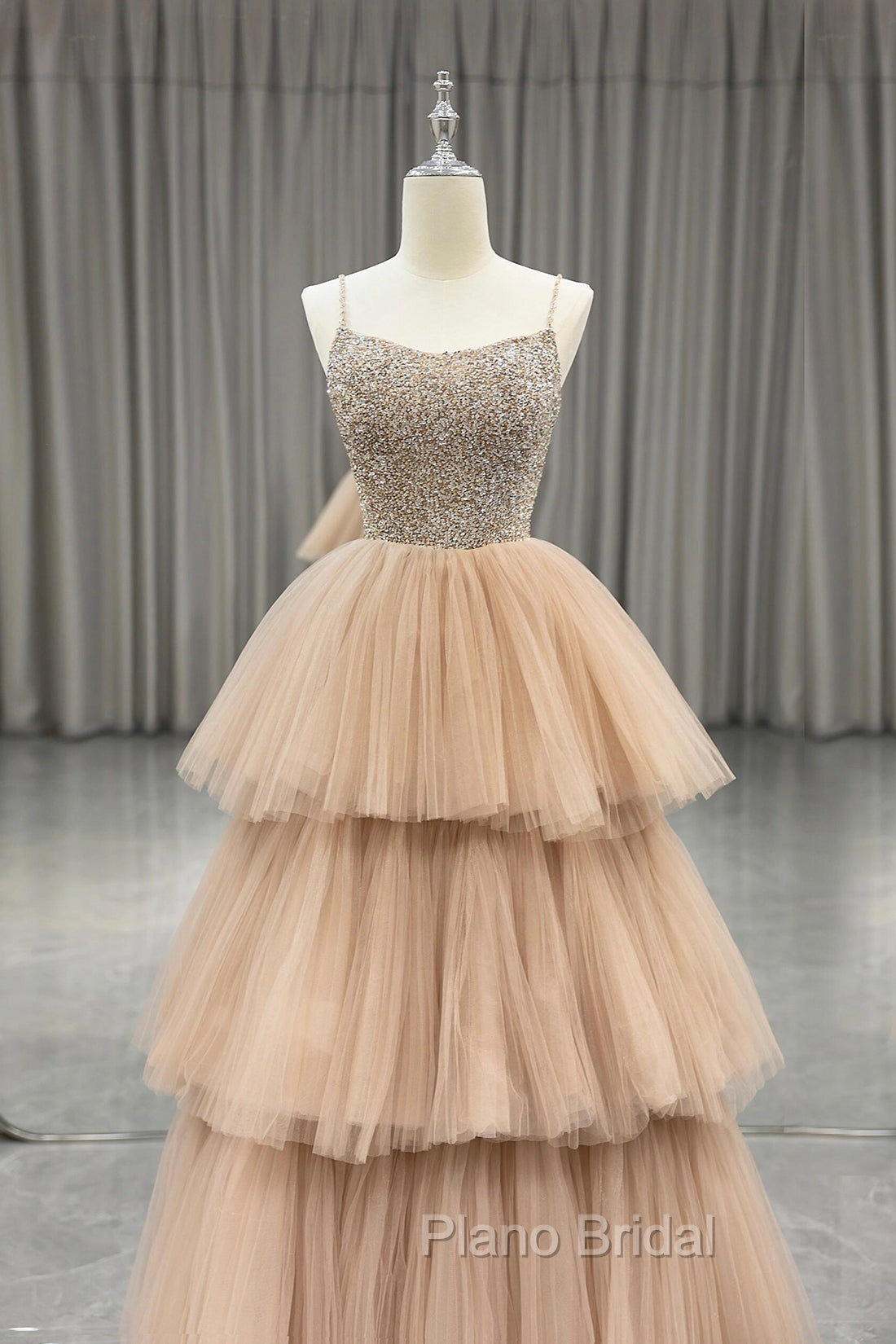 Champagne Tulle Layers Long A-Line Formal Prom Dresses, Spaghetti Strap Beaded Evening Dresses Secondary image