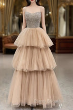 Champagne Tulle Layers Long A-Line Formal Prom Dresses, Spaghetti Strap Beaded Evening Dresses