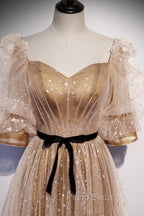 Champagne Tulle Long Party Dresses, Short Sleeves A-line Formal Dresses Evening Dresses