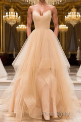Champagne tulle long Formal Prom dress, champagne evening dress