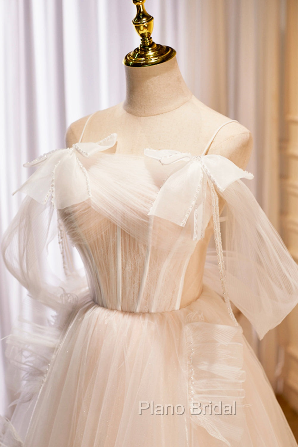 Champagne Tulle Long Formal Prom Dresses, Spaghetti Strap Evening Dresses with Bow Secondary image