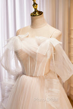 Champagne Tulle Long Formal Prom Dresses, Spaghetti Strap Evening Dresses with Bow