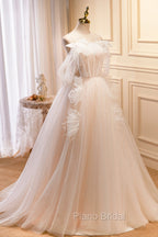 Champagne Tulle Long Formal Prom Dresses, Spaghetti Strap Evening Dresses with Bow