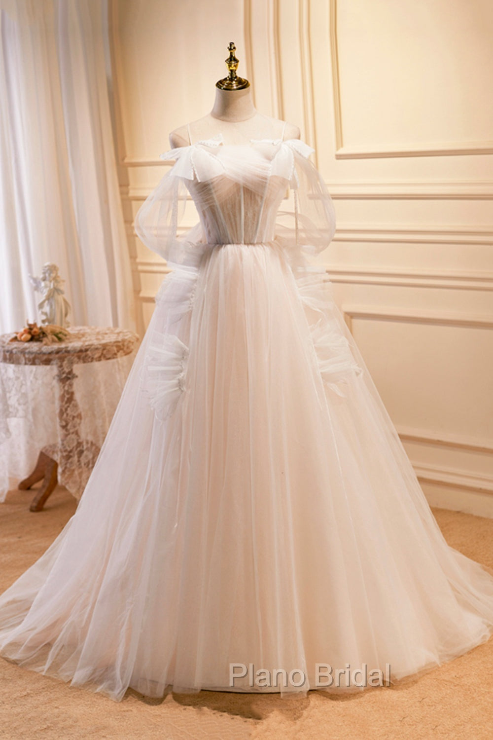 Champagne Tulle Long Formal Prom Dresses, Spaghetti Strap Evening Dresses with Bow Main image