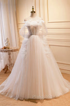 Champagne Tulle Long Formal Prom Dresses, Spaghetti Strap Evening Dresses with Bow