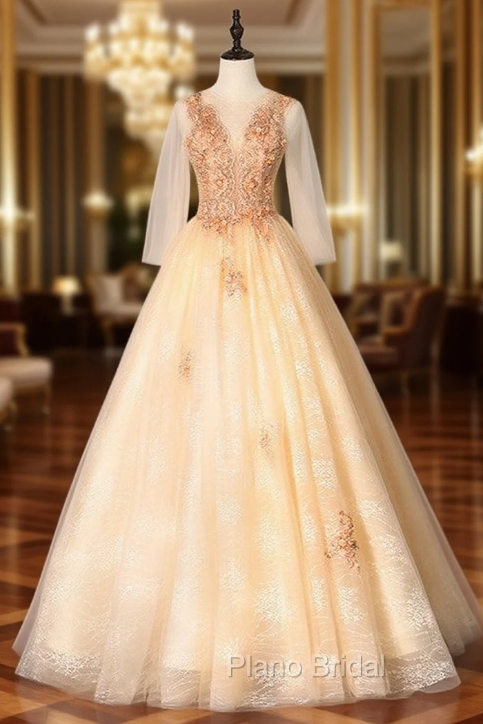Champagne Tulle Long Sleeve Appliques Beading Quinceanera Dresses