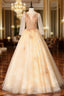 Champagne Tulle Long Sleeve Appliques Beading Quinceanera Dresses