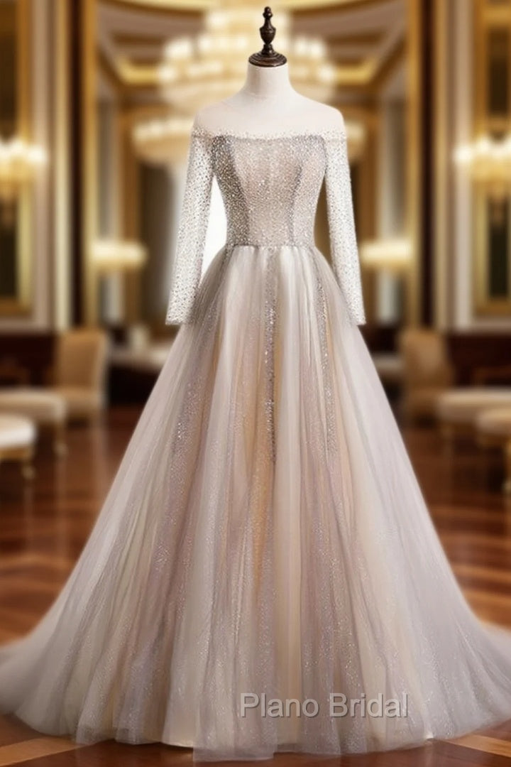 Champagne Tulle Long Sleeve Beading Formal Prom Dresses Main image