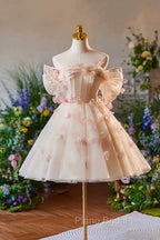 Champagne Tulle Print Knee Length Formal Prom Dresses, Lovely Off the Shoulder Backless Party Dresses