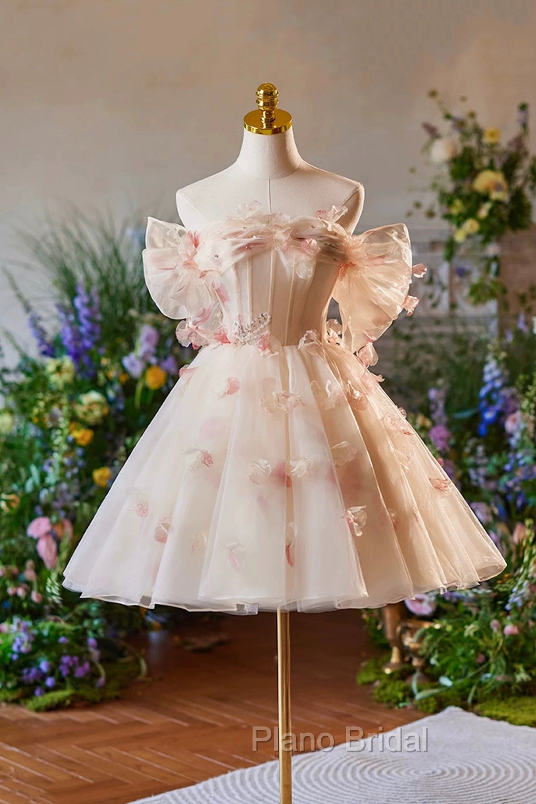 Champagne Tulle Print Knee Length Formal Prom Dresses, Lovely Off the Shoulder Backless Party Dresses