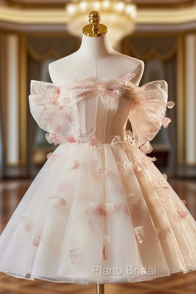 Champagne Tulle Print Knee Length Formal Prom Dresses, Lovely Off the Shoulder Backless Party Dresses Main image