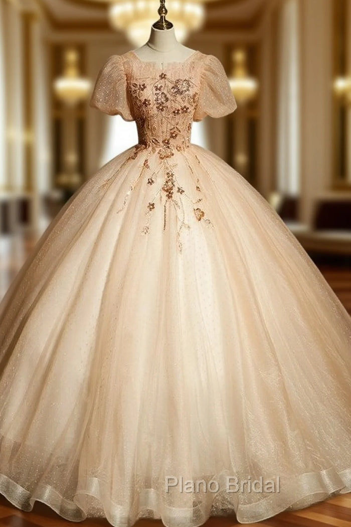 Champagne Tulle Puff Sleeve Beading Quinceanera Dresses Main image