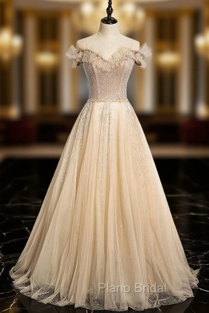 Champagne Tulle Sequins Beading Formal Prom Dresses
