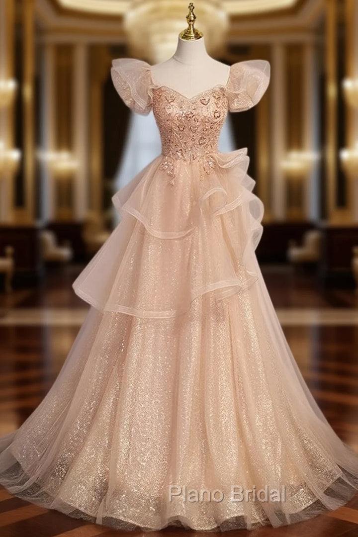 Champagne Tulle Sequins Beading Puff Sleeve Formal Prom Dresses Main image