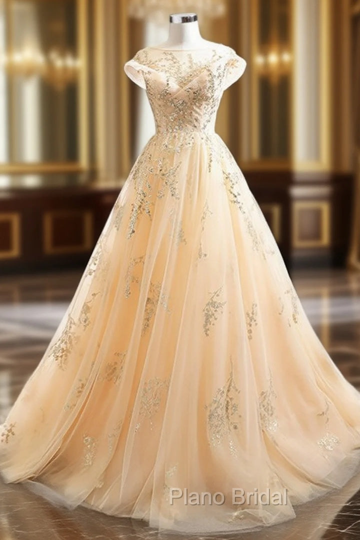 Champagne Tulle Sequins Cap Sleeve Open Back Formal Prom Dresses