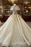 Champagne Tulle Sequins High Neck Backless Wedding Dresses With Long Train