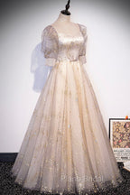 Champagne Tulle Sequins Long Formal Prom Dresses, Cute 1/2 Sleeve Party Dresses