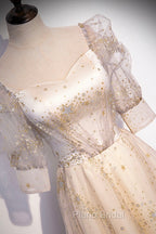 Champagne Tulle Sequins Long Formal Prom Dresses, Cute 1/2 Sleeve Party Dresses