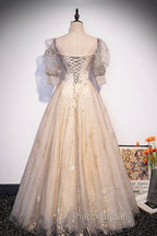 Champagne Tulle Sequins Long Formal Prom Dresses, Cute 1/2 Sleeve Party Dresses