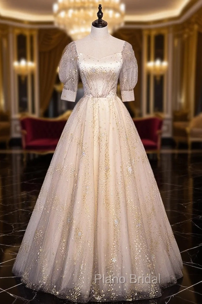 Champagne Tulle Sequins Long Formal Prom Dresses, Cute 1/2 Sleeve Party Dresses
