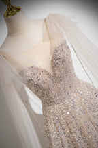 Champagne Tulle Sequins Long Formal Prom Dresses, Shiny A-Line Party Dresses