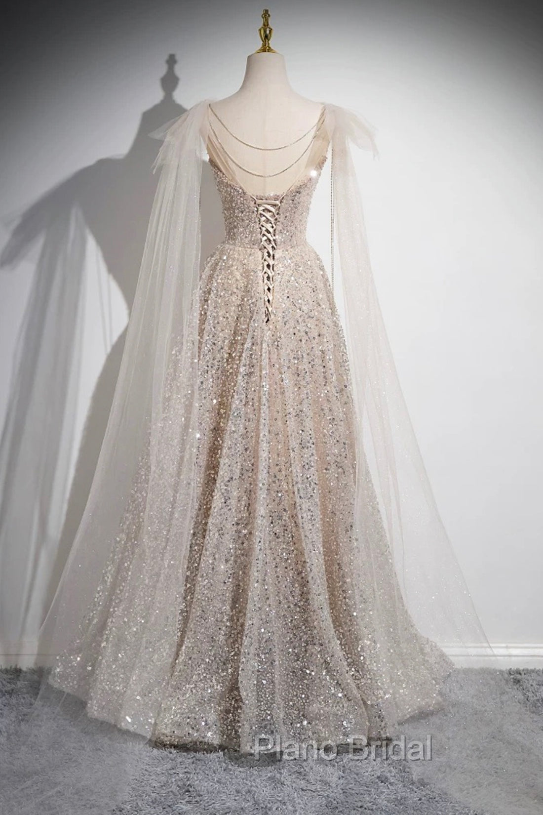 Champagne Tulle Sequins Long Formal Prom Dresses, Shiny A-Line Party Dresses