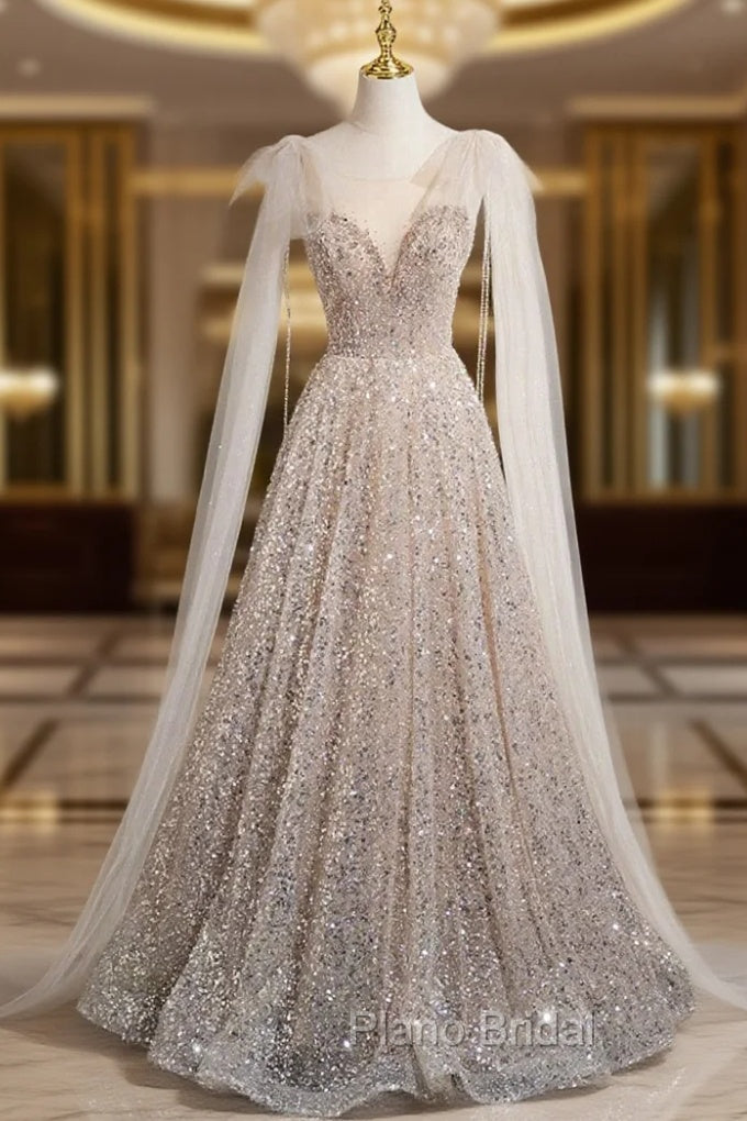 Champagne Tulle Sequins Long Formal Prom Dresses, Shiny A-Line Party Dresses Main image