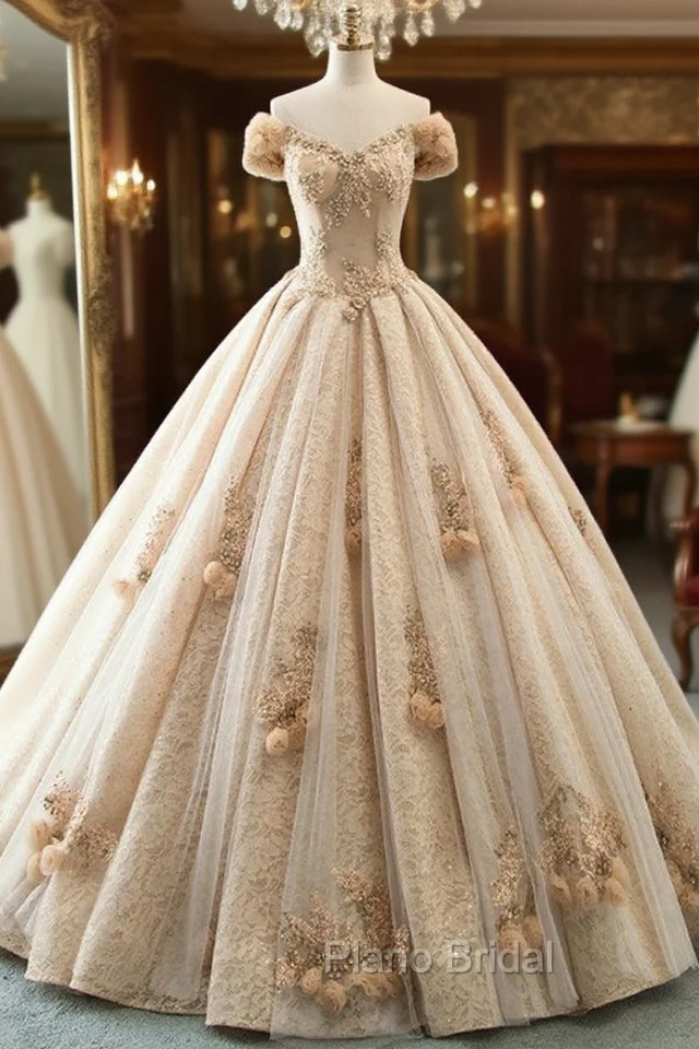 Champagne Tulle Sequins Off The Shoulder With Long Train Wedding Dresses Main image