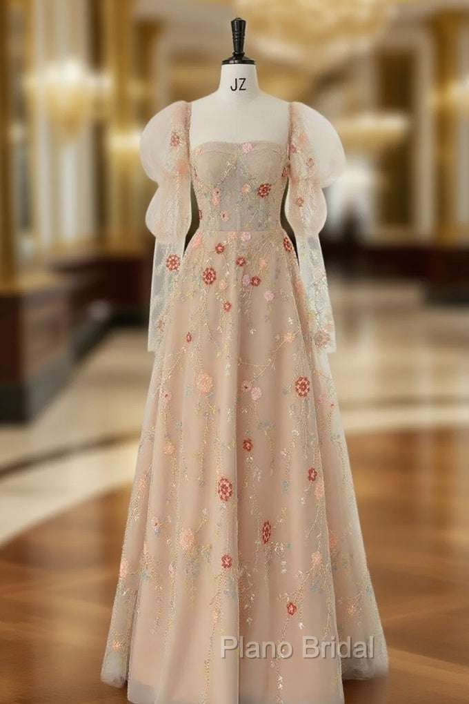 Champagne Tulle Sequins Formal Prom Dresses With Detachable Long Sleeve Main image