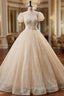 Champagne Tulle Sequins Puff Sleeve Backless Quinceanera Dresses