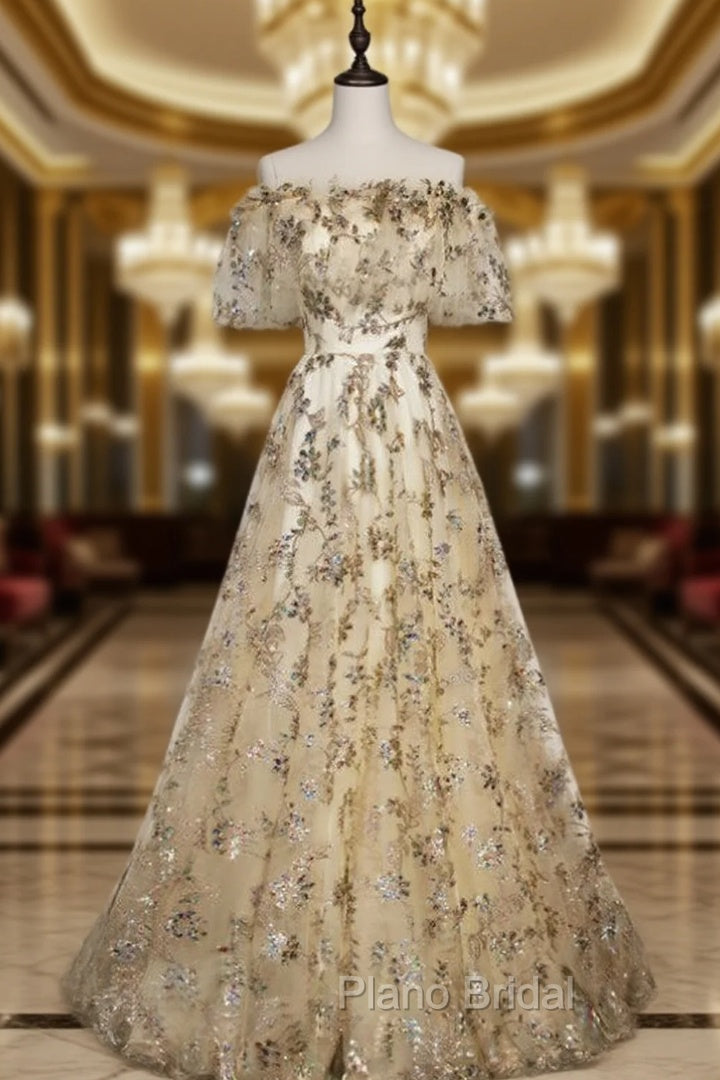 Champagne Tulle Sequins Short Sleeve Formal Prom Dresses