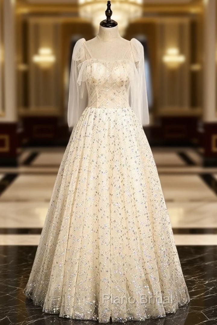 Champagne Tulle Sequins Straps Formal Prom Dresses Main image