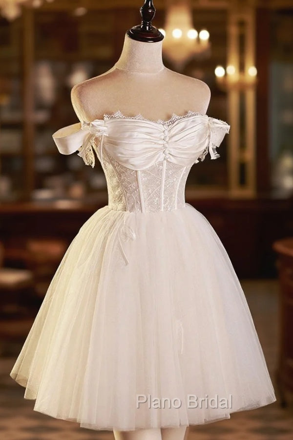 Champagne Tulle Short A-Line Formal Prom Dresses, Off the Shoulder Evening Party Dresses