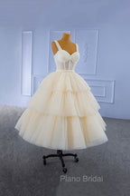 Champagne Tulle Short Formal Prom Dresses with Beaded, A-Line Tea Length Party Dresses