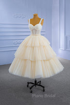 Champagne Tulle Short Formal Prom Dresses with Beaded, A-Line Tea Length Party Dresses