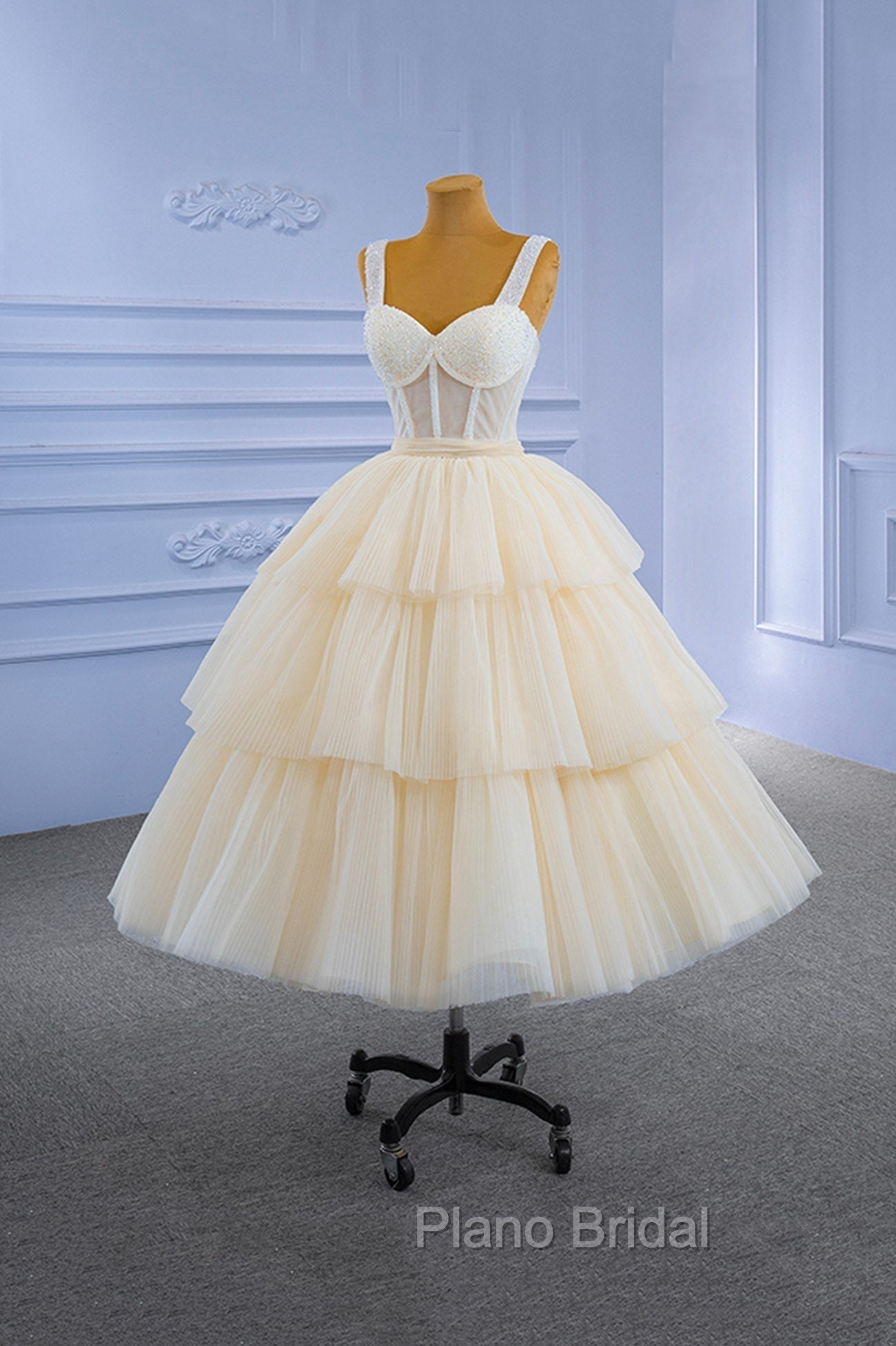 Champagne Tulle Short Formal Prom Dresses with Beaded, A-Line Tea Length Party Dresses