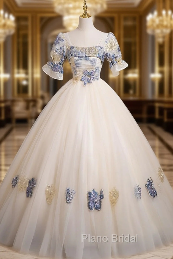 Champagne Tulle Short Sleeve Flower Quinceanera Dresses Main image