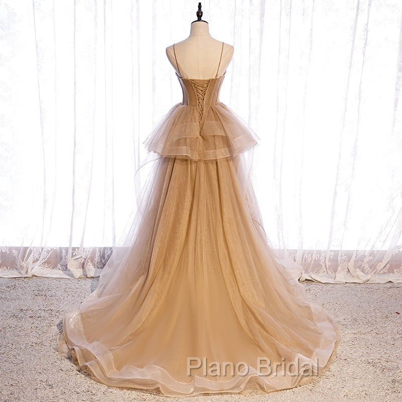 Champagne Tulle Sweetheart Straps Long Ball Gown Formal Prom Dresses, Champagne Party Dresses