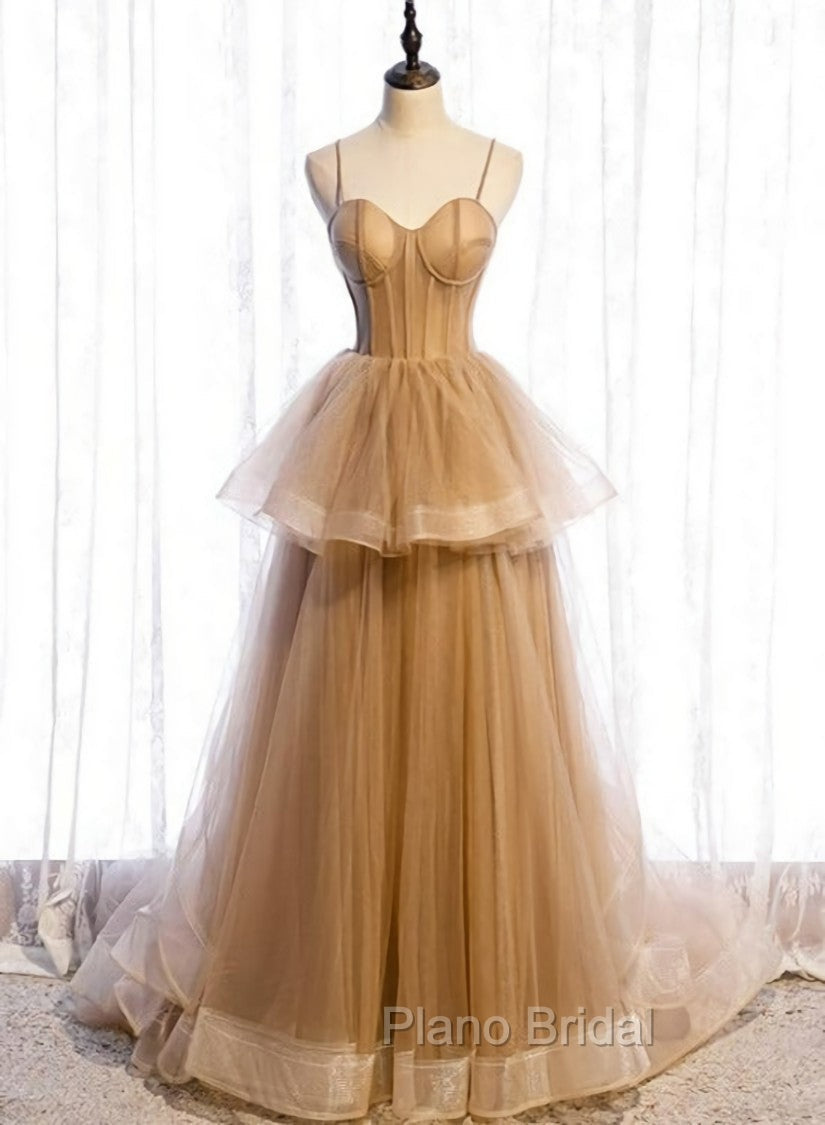 Champagne Tulle Sweetheart Straps Long Ball Gown Formal Prom Dresses, Champagne Party Dresses Main image