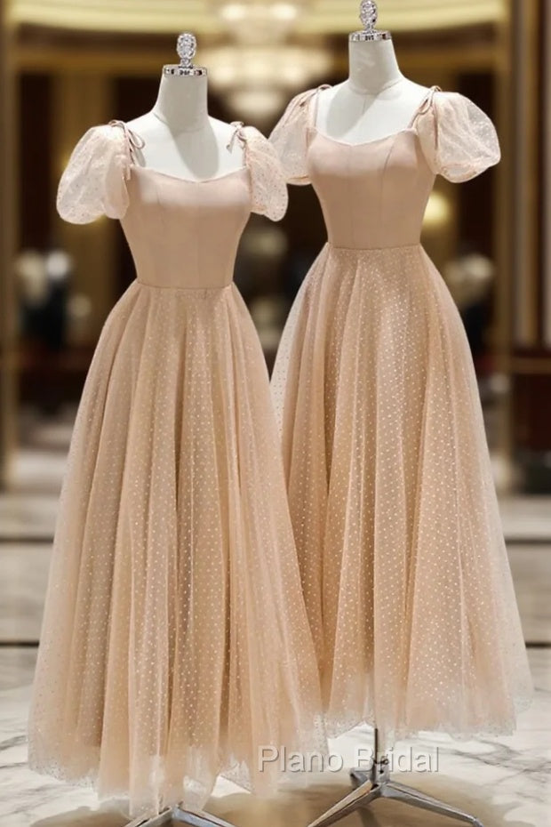 Champagne Tulle Tea Length Formal Prom Dresses, Cute Short Sleeve Evening Dresses