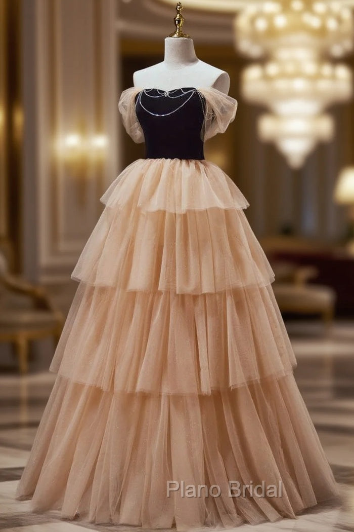 Champagne Tulle Tiers Beading Formal Prom Dresses Main image