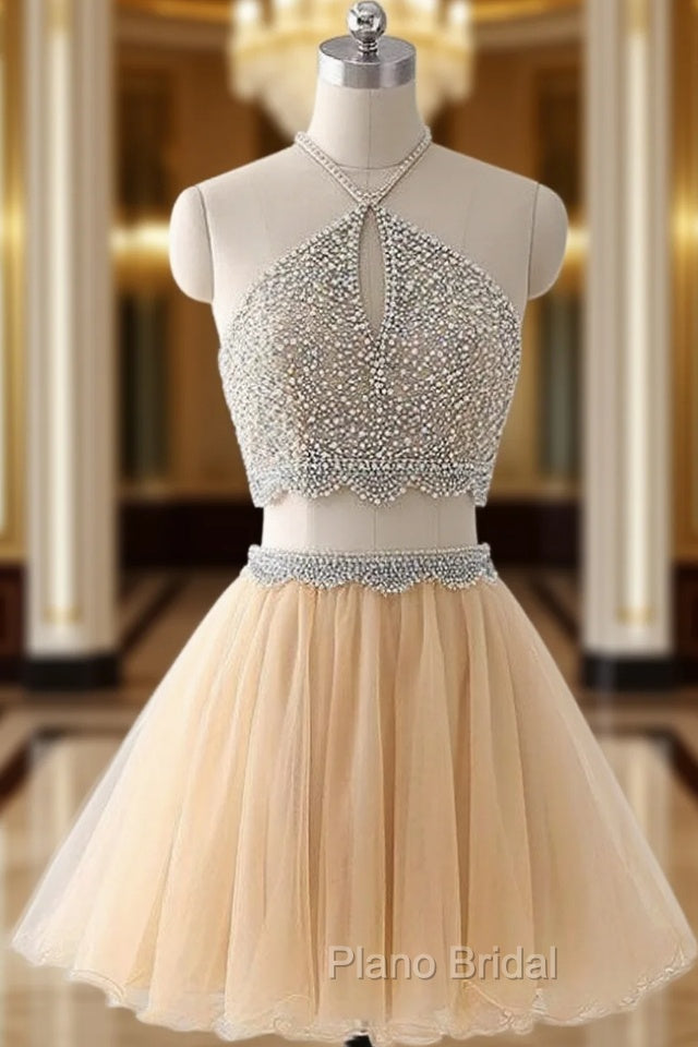 Champagne Tulle Two Piece Halter Homecoming Dresses With Beading