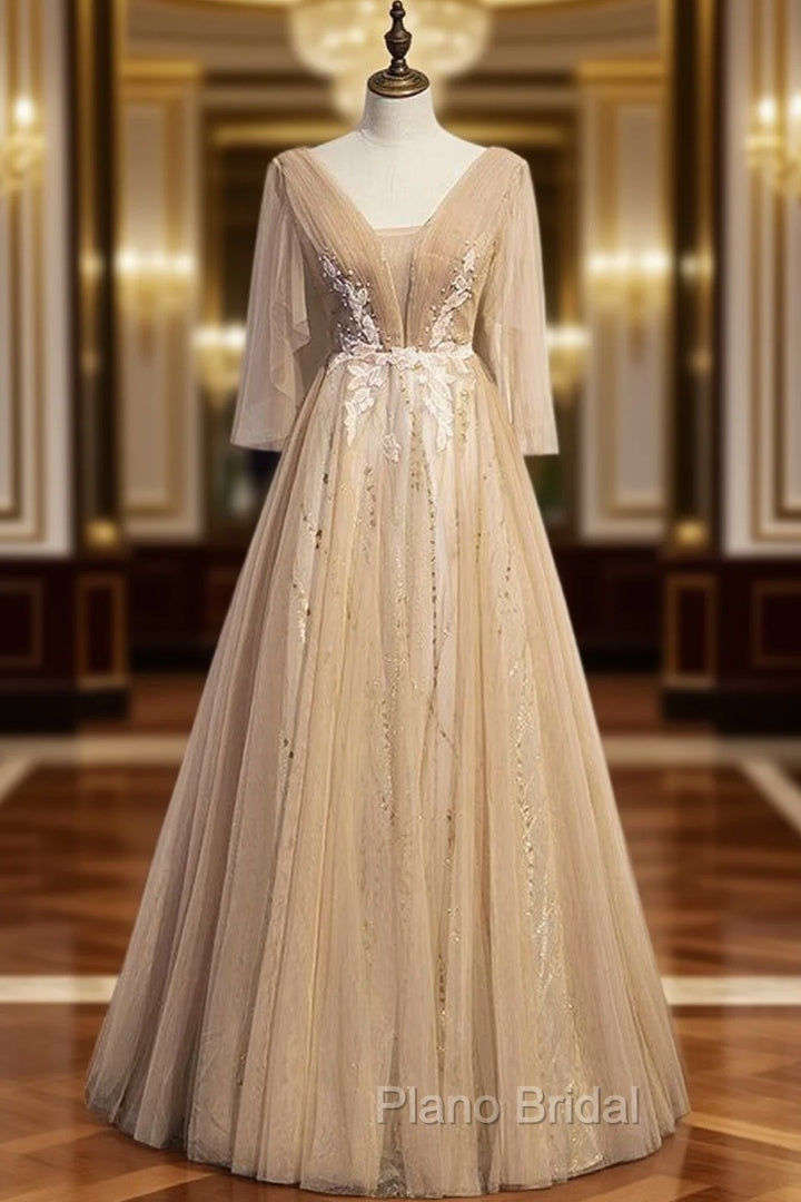 Champagne Tulle V-nec Backless Pleats Formal Prom Dresses Main image