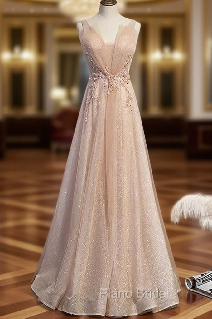 Champagne Tulle V-neck Beading Sequins Formal Prom Dresses Main image