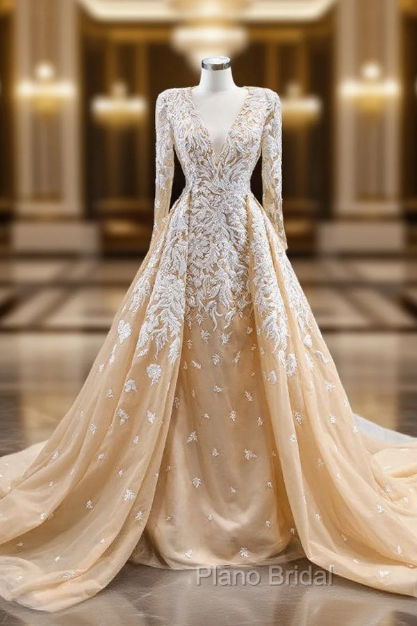 Champagne Tulle V-neck Long Sleeve Formal Prom Dresses With Detachable Train Main image